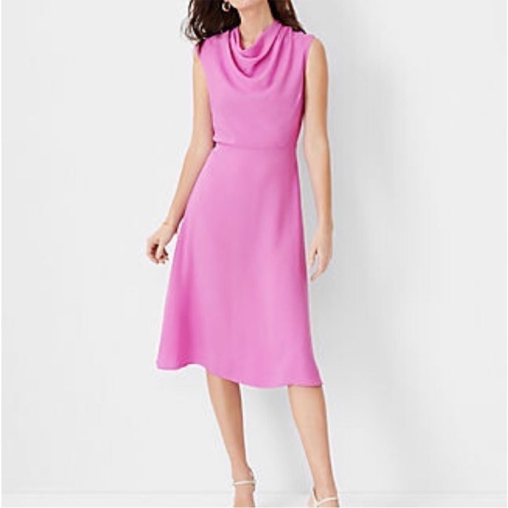 NWT Ann Taylor Dress Pink Satin Mock Neck Midi Flare Wedding Career Drape Flare